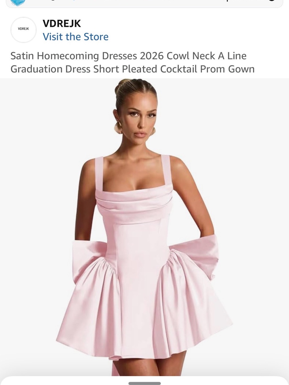 Pink Satin A-Line Cowl Neck Cocktail Dress with back bow